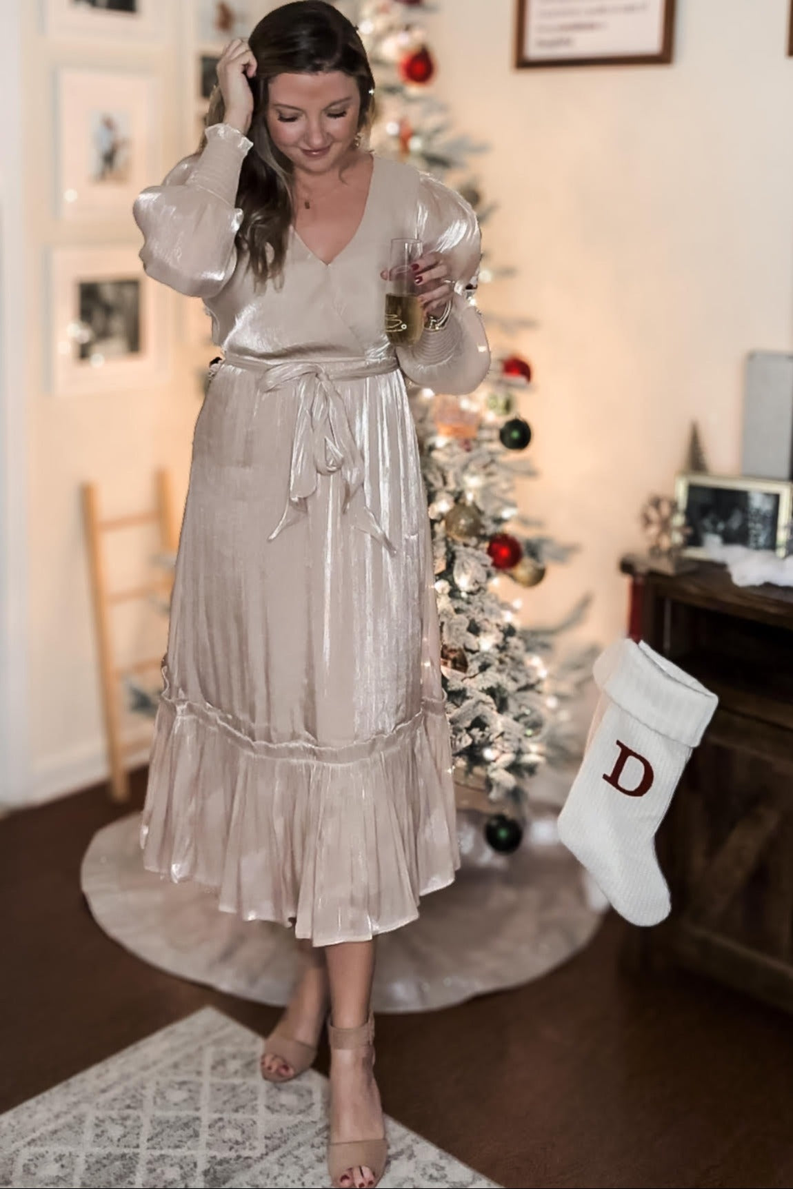 Champagne Surplice Belted Long Sleeve Midi Dress