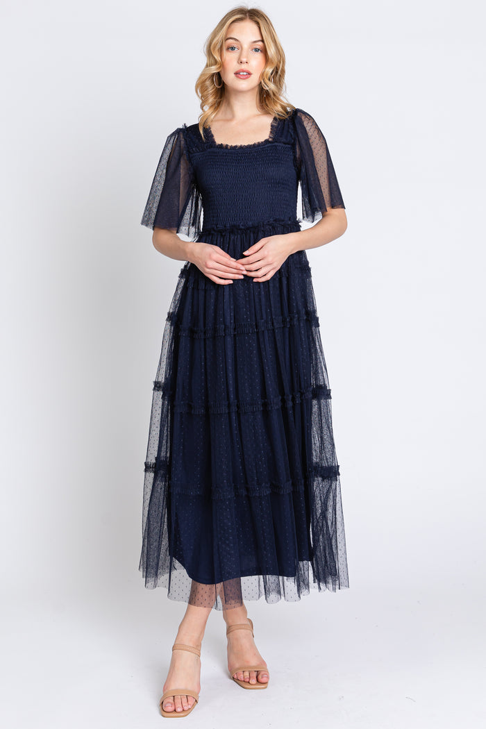 Navy Ruffled Mesh Maternity Maxi Dress