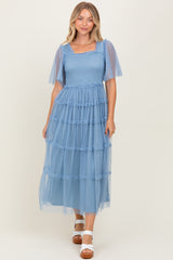 Blue Ruffled Mesh Maxi Dress