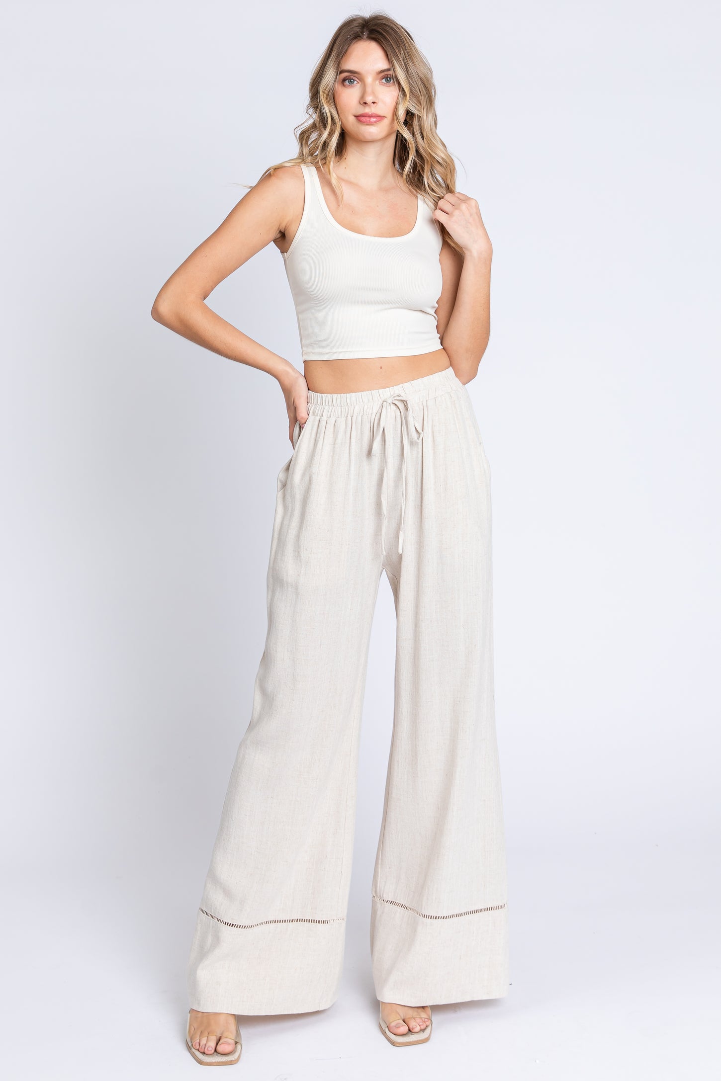 Beige Linen Wide Leg Lace Trim Maternity Pants