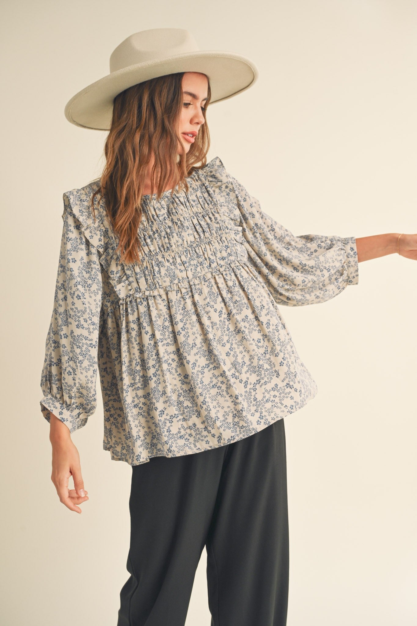 Blue Floral Ruffle Blouse