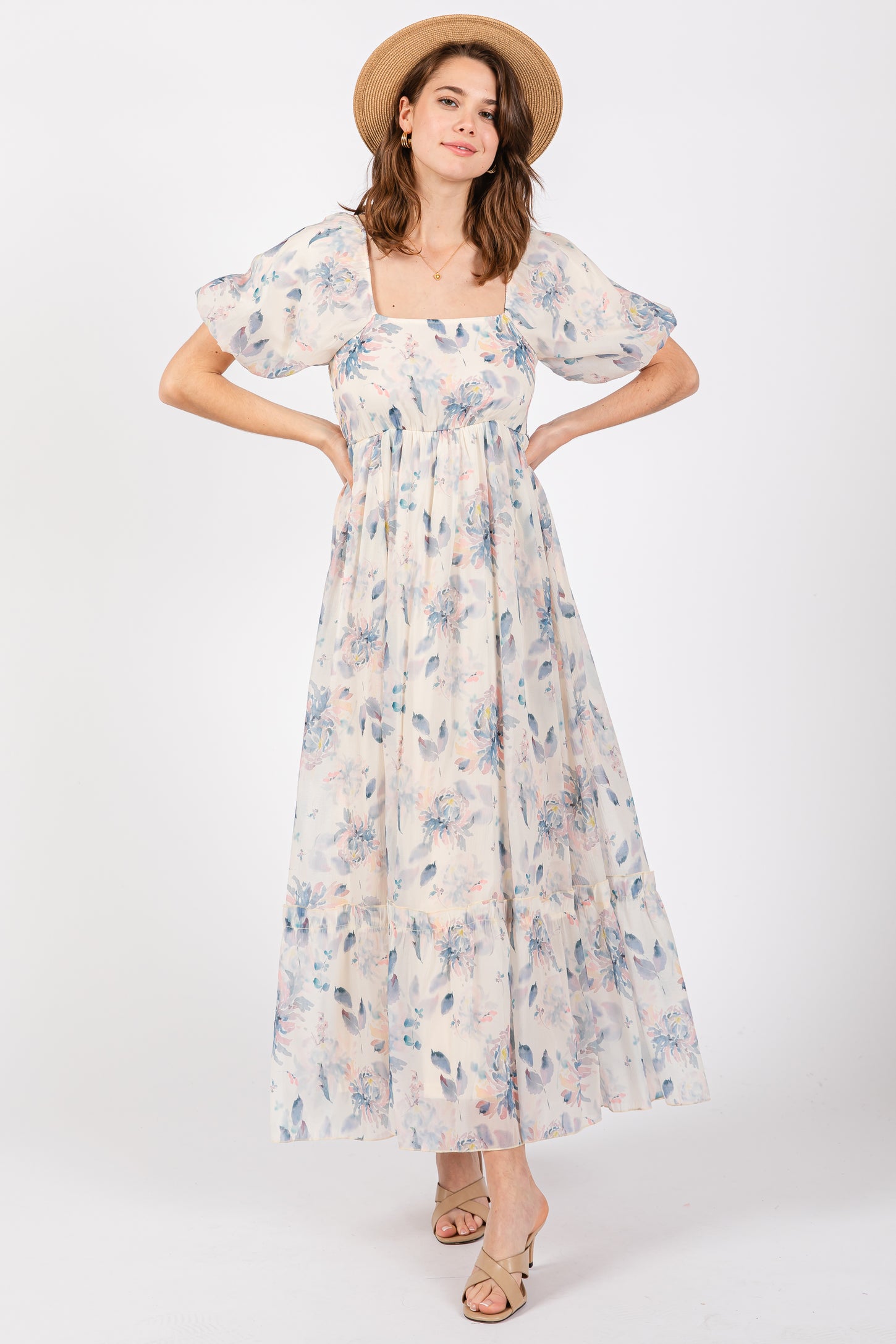 Beige Puff Sleeve Square Neck Maternity Dress