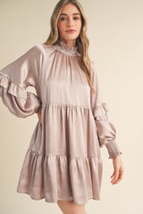 Champagne Mock Neck Tiered Mini Dress