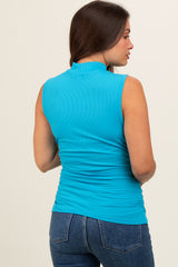 Light Blue Ribbed Mock Neck Ruched Side Sleeveless Maternity Top