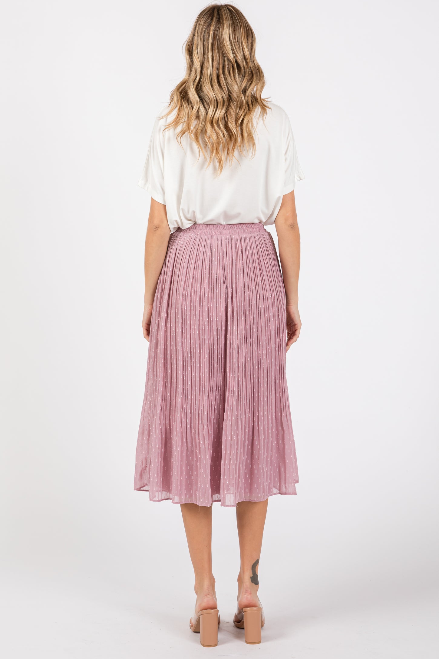 Mauve Swiss Dot Pleated Midi Skirt