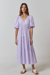 Lavender Gingham Puff Sleeve Tiered Midi Dress