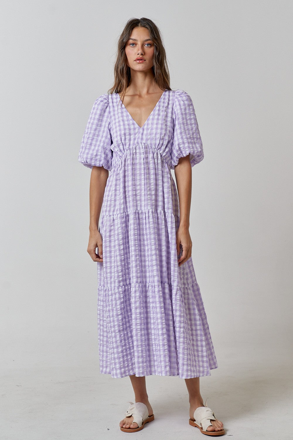 Lavender Gingham Puff Sleeve Maternity Tiered Midi Dress
