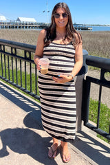 Beige Patterned Sleeveless Maternity Maxi Dress
