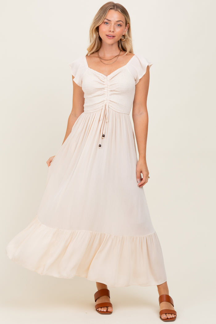 Beige Smocked Ruched Ruffle Hem Maxi Dress