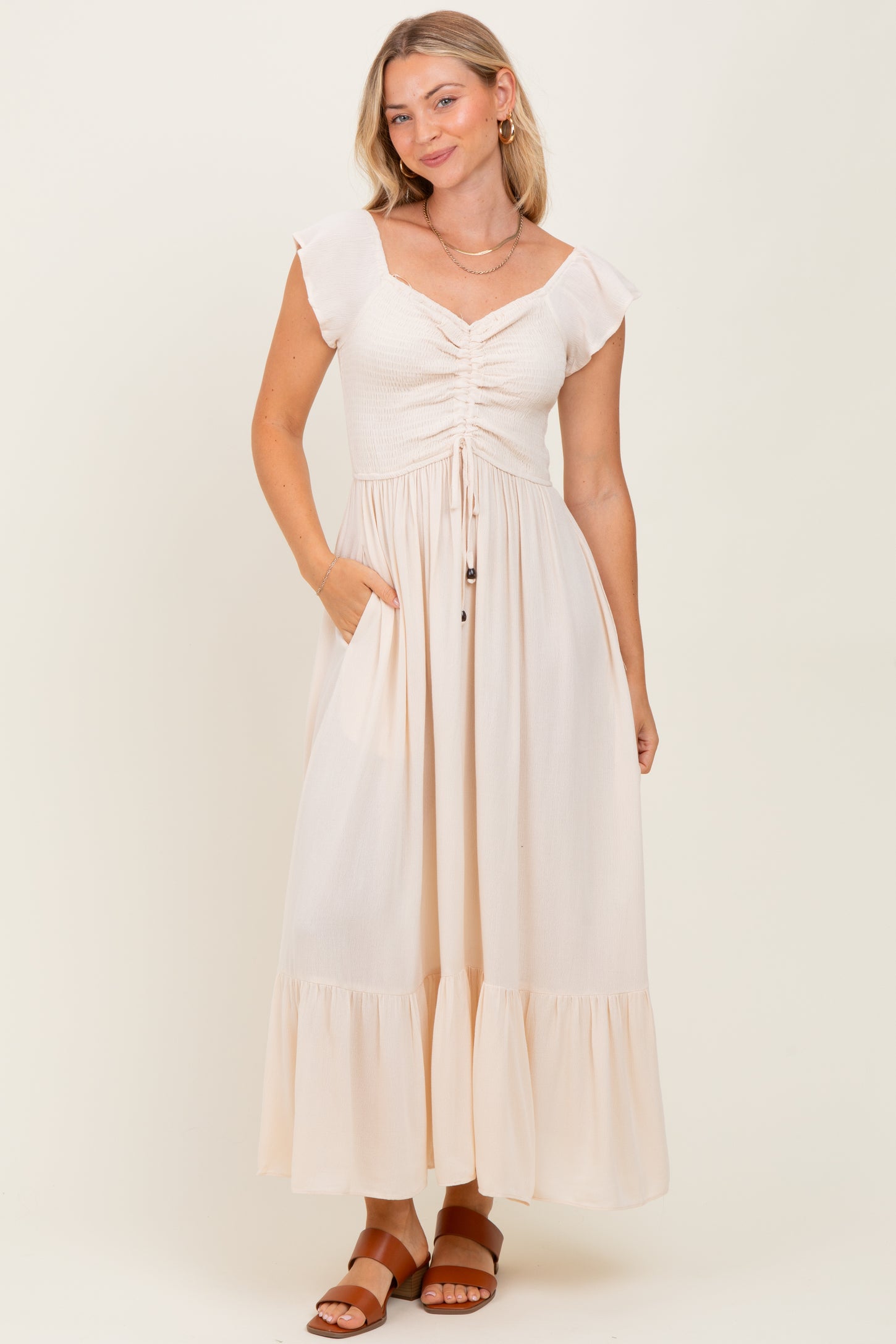 Beige Smocked Ruched Ruffle Hem Maxi Dress