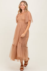 Camel Dotted Tulle Smocked Midi Dress