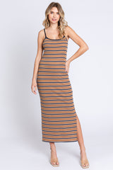 Mocha Striped Ribbed Side Slit Midi Dress