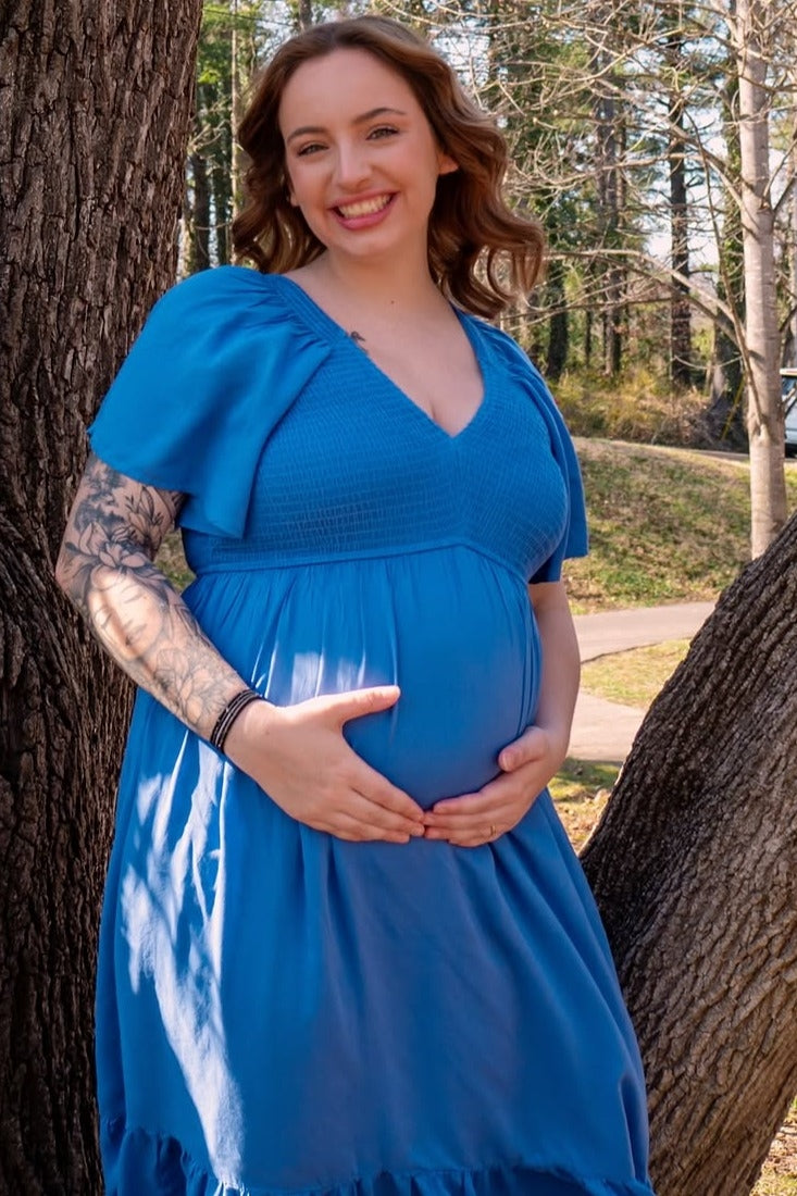 Blue Smocked Flutter Sleeve Maternity Midi Dress