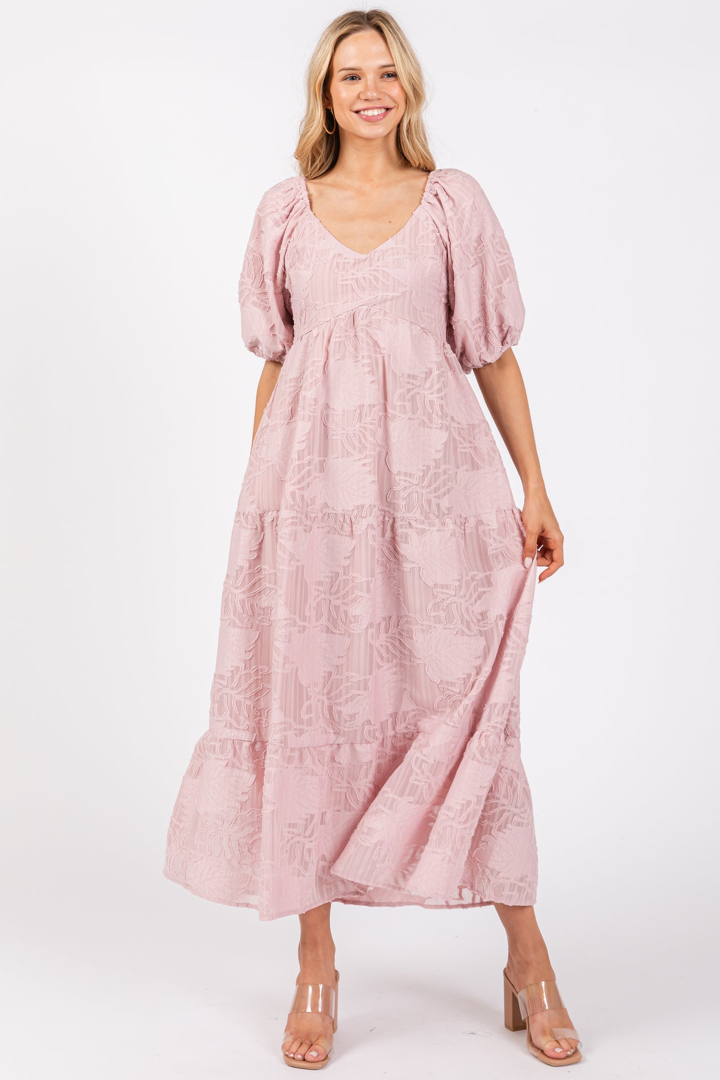 Light Pink Embroidered Leaf Print Striped Maternity Maxi Dress