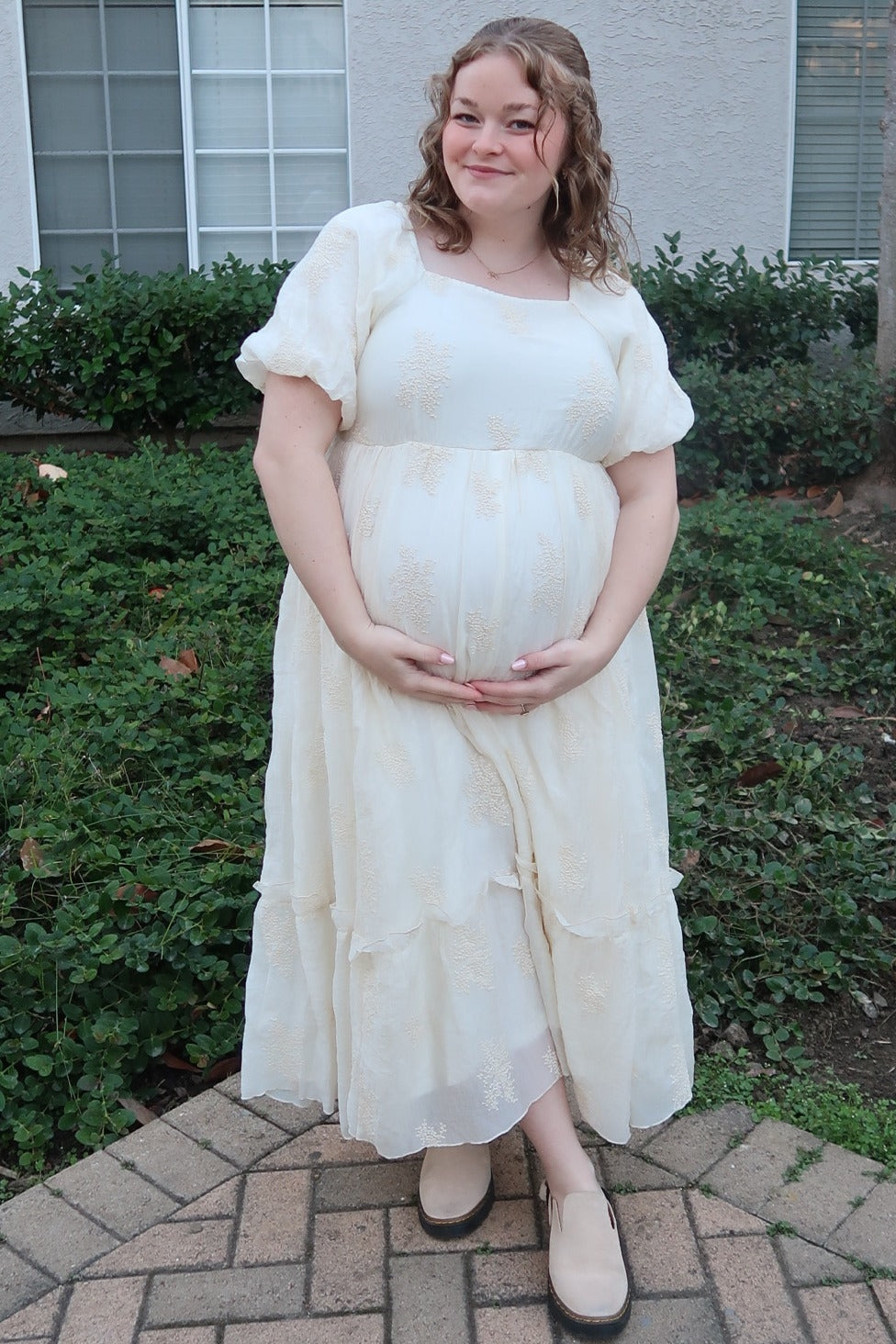 Cream Floral Print Ruffle Hem Maternity Midi Dress