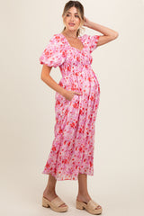 Pink Floral Smocked Sweetheart Neck Short Puff Sleeve Maternity Midi Dress