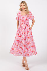 Pink Floral Smocked Sweetheart Neck Short Puff Sleeve Maternity Midi Dress