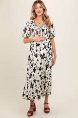 Cream Floral Puff Sleeve Maternity Midi Dress