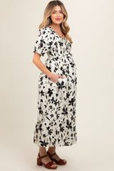 Cream Floral Puff Sleeve Maternity Midi Dress