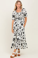 Cream Floral Puff Sleeve Maternity Midi Dress
