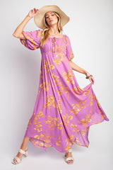 Lavender Floral Puff Sleeve Maxi Dress
