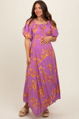 Lavender Floral Puff Sleeve Maternity Maxi Dress