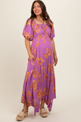 Lavender Floral Puff Sleeve Maternity Maxi Dress
