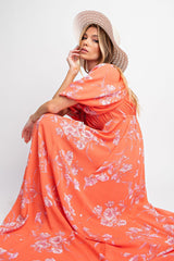 Orange Floral Puff Sleeve Maxi Dress