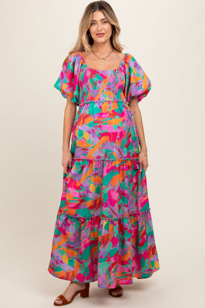 Lavender Multi Color Floral Puff Sleeve Maternity Maxi Dress
