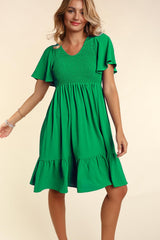 Green Smocked Ruffle Hem Dress