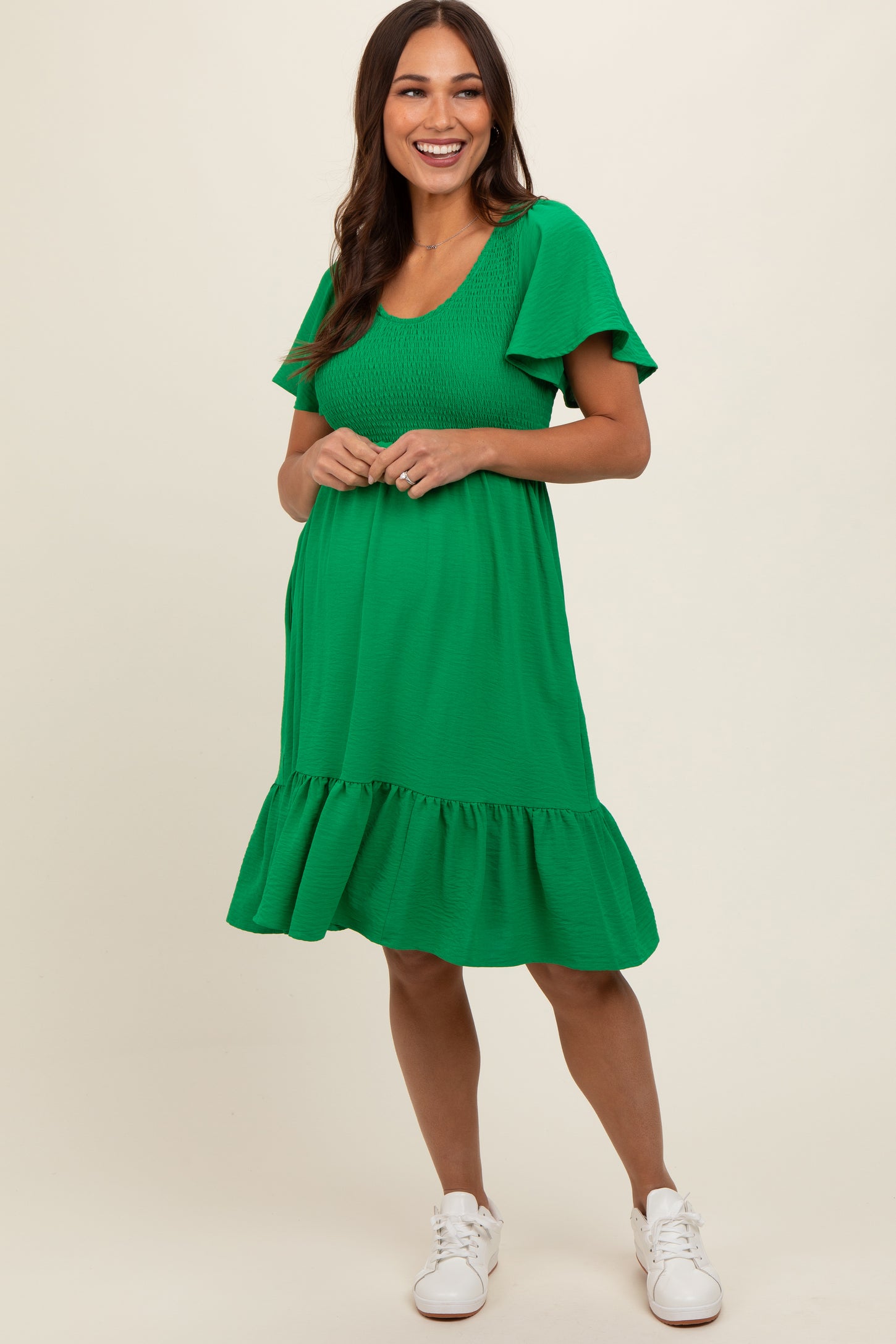 Green Smocked Ruffle Hem Maternity Dress