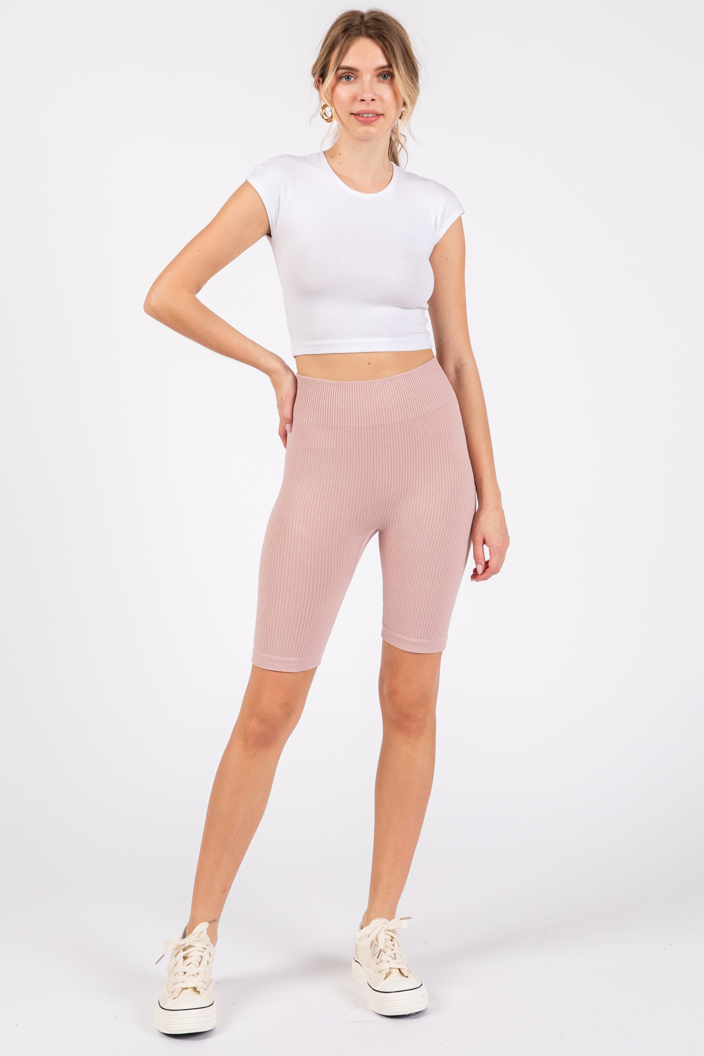 Light Mauve Rib Knit Biker Shorts