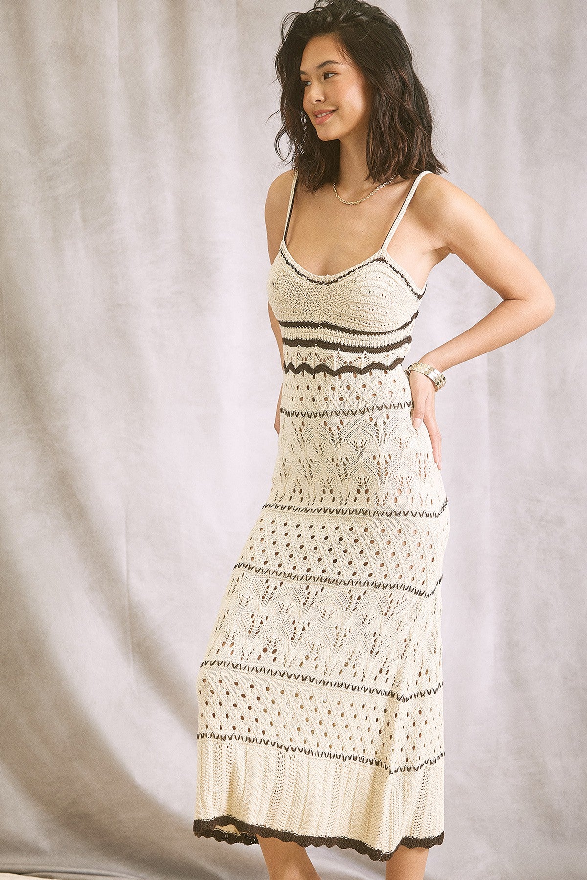 Cream Contrast Trim Crochet Maxi Swim Cover Up