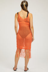 Orange Crochet Fringe Trim Maternity Cover Up