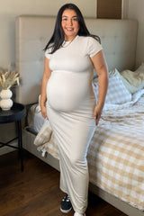 Cream Fitted Short Sleeve Maternity Maxi Dress