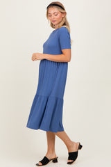 Blue Ribbed Tiered Midi Dress