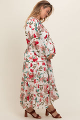 Ivory Floral Front Button Waist Tie Maternity Plus Midi Dress