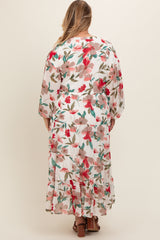 Ivory Floral Front Button Waist Tie Maternity Plus Midi Dress