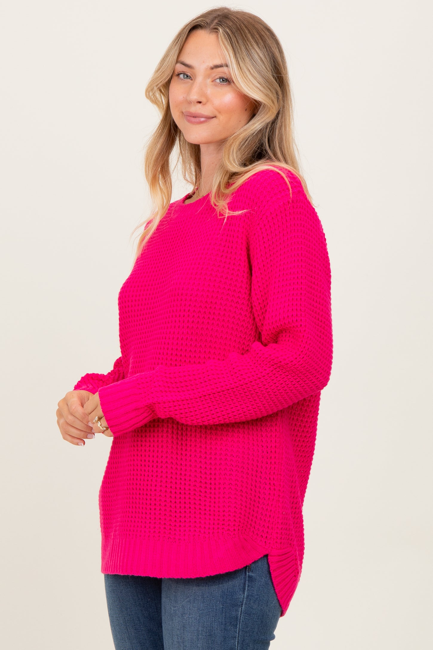 Fuchsia Waffle Knit Round Hem Sweater