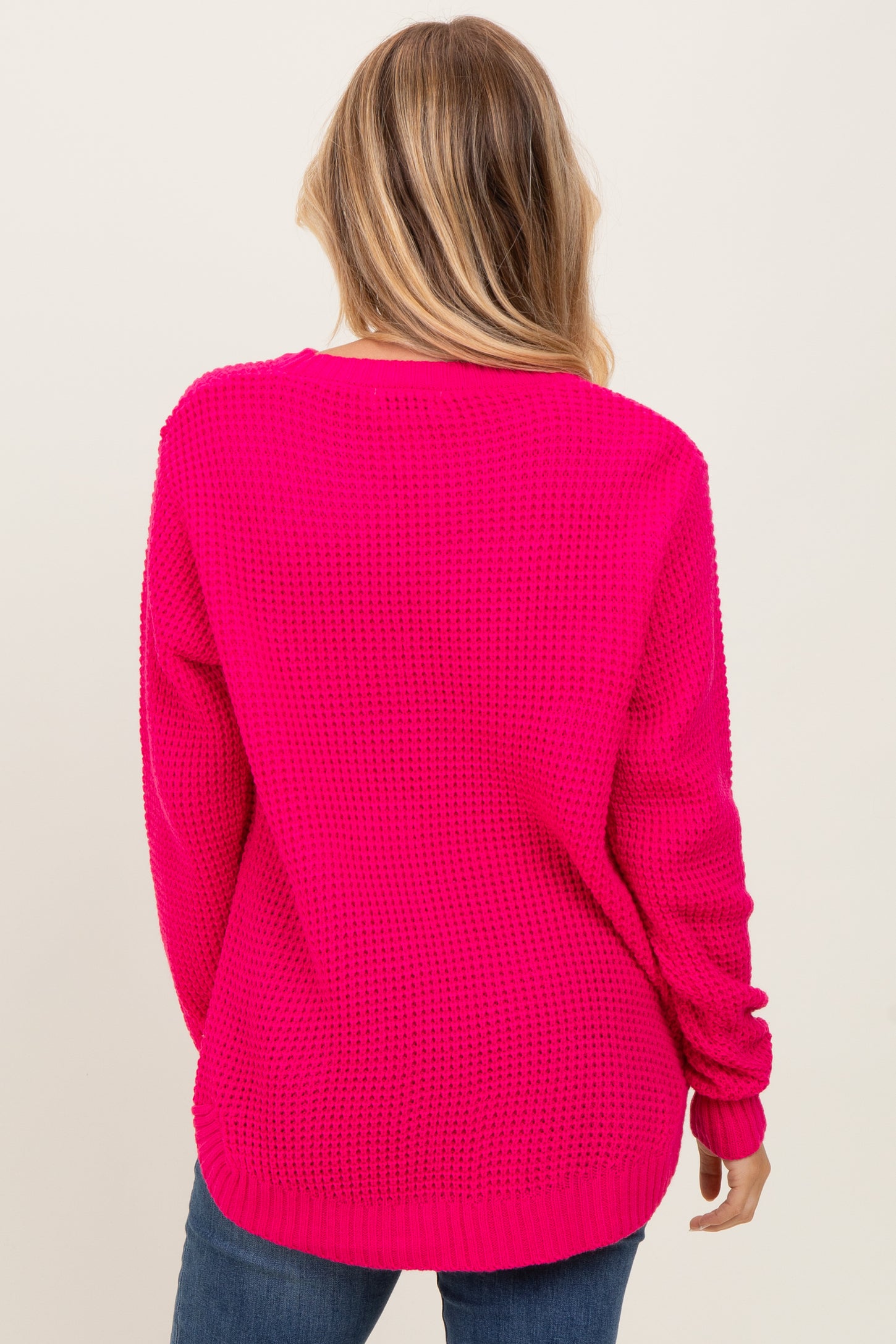 Fuchsia Waffle Knit Round Hem Sweater