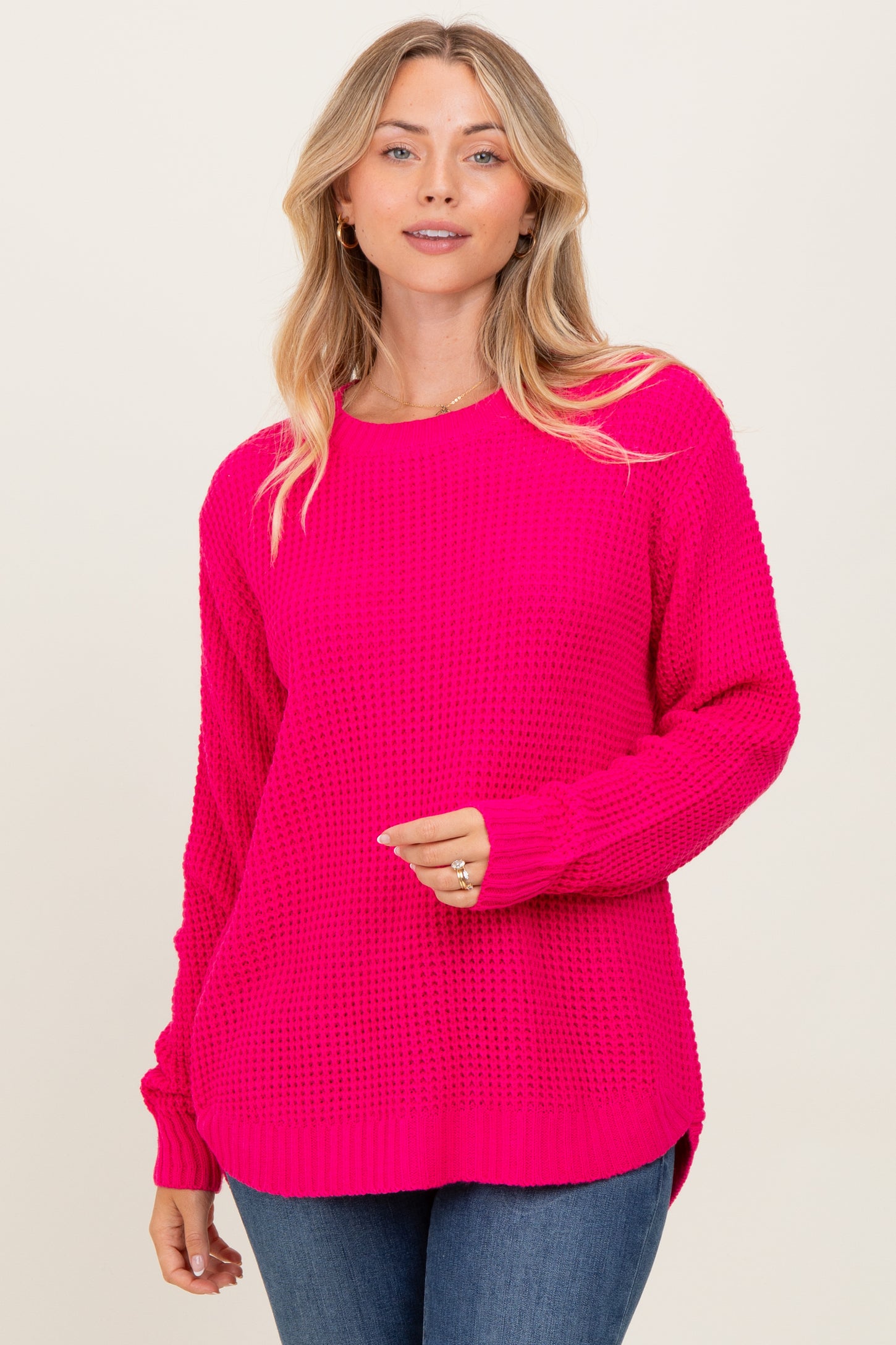 Fuchsia Waffle Knit Round Hem Maternity Sweater