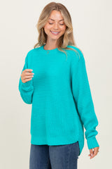 Turquoise Waffle Knit Round Hem Sweater