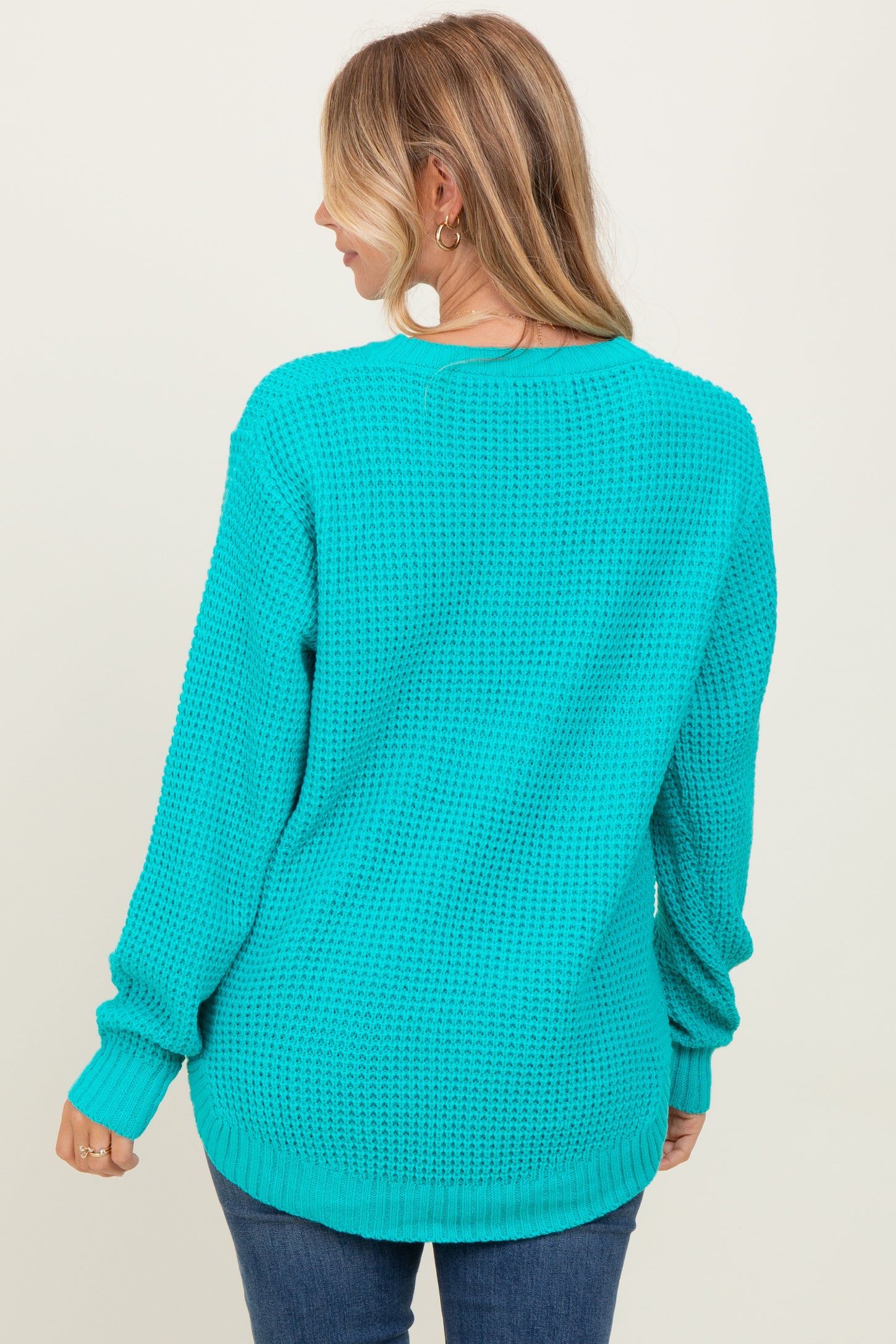 Turquoise Waffle Knit Round Hem Sweater