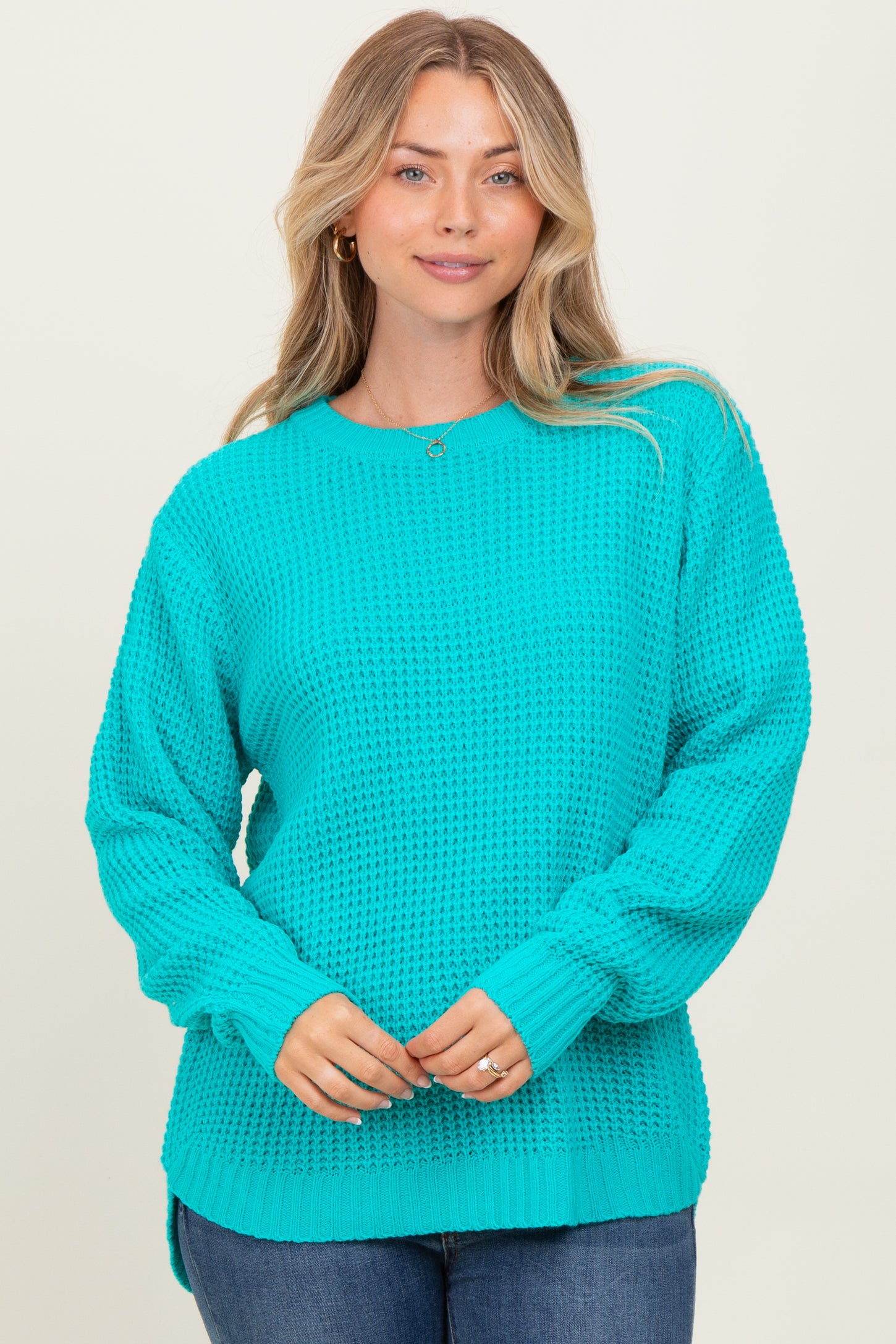 Turquoise Waffle Knit Round Hem Sweater