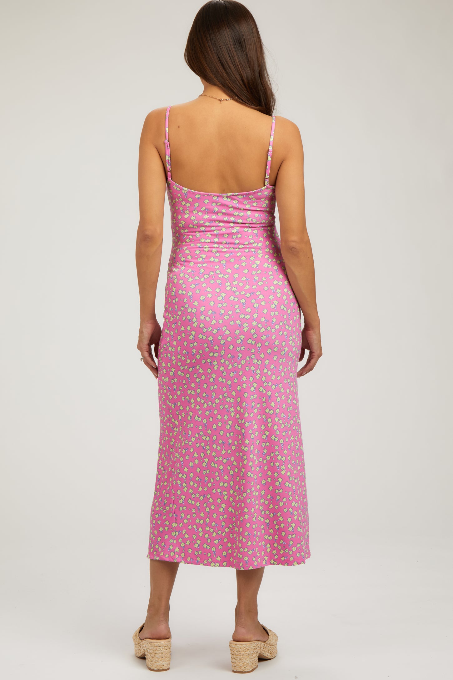 Fuchsia Floral Sleeveless Maternity Midi Dress