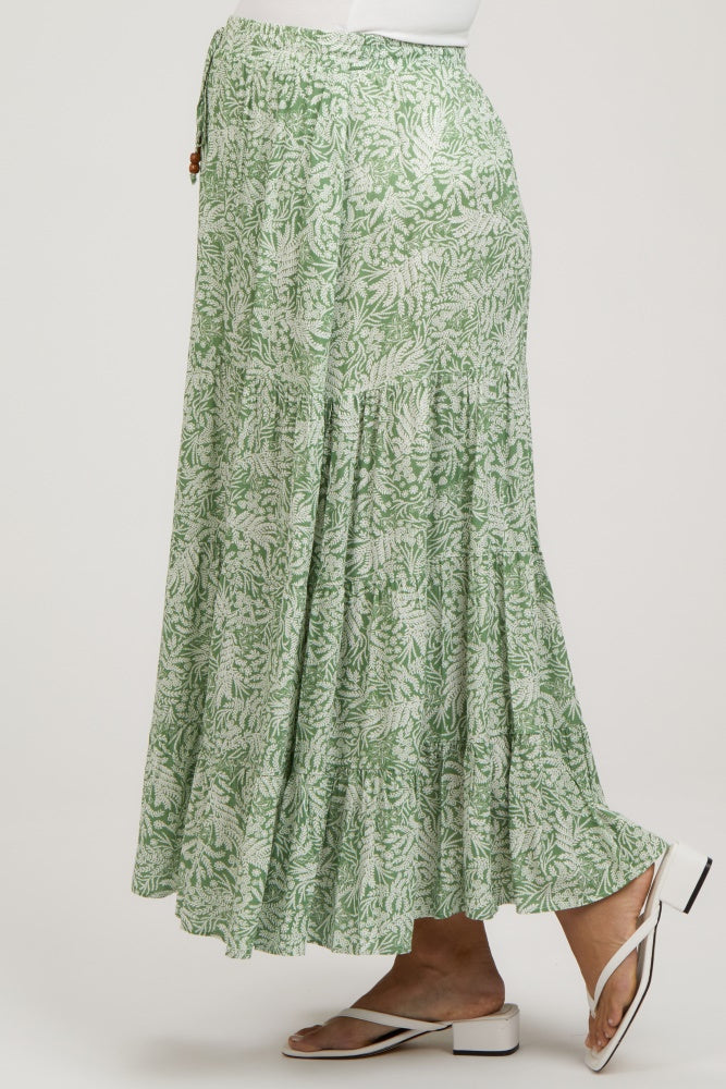 Light Olive Leaf Printed Drawstring Tiered Maternity Maxi Skirt