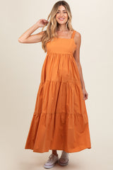 Orange Square Neck Cut Out Back Tiered Maternity Maxi Dress