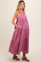 Mauve Square Neck Cut Out Back Tiered Maternity Maxi Dress