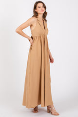 Taupe Collared Halter Back Tie Maxi Dress