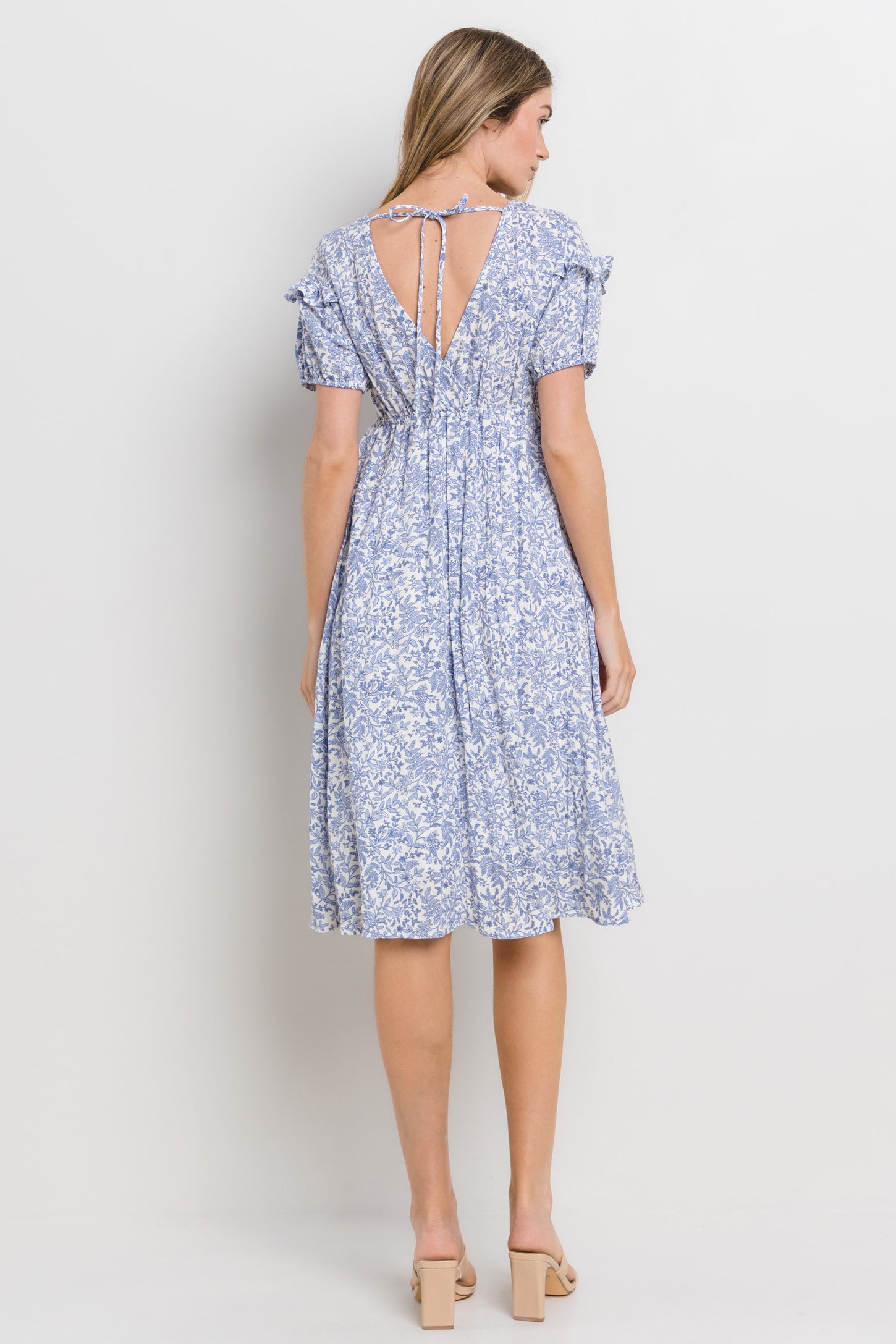 Blue Floral Tie Back Midi Dress